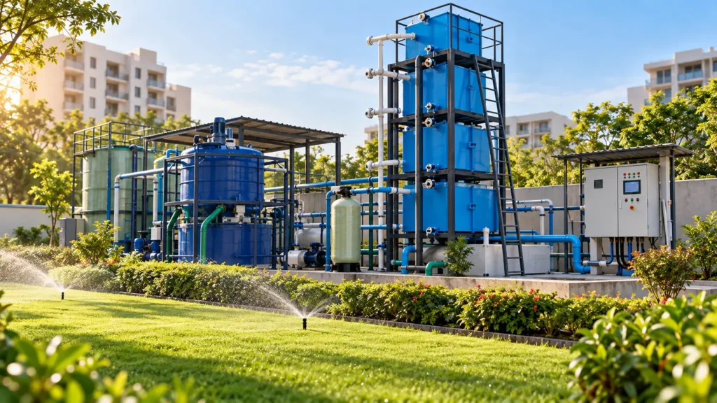 Compact sewage treatment plant with BIO-DRUM MBBR reactor and control panel at an Indian residential society