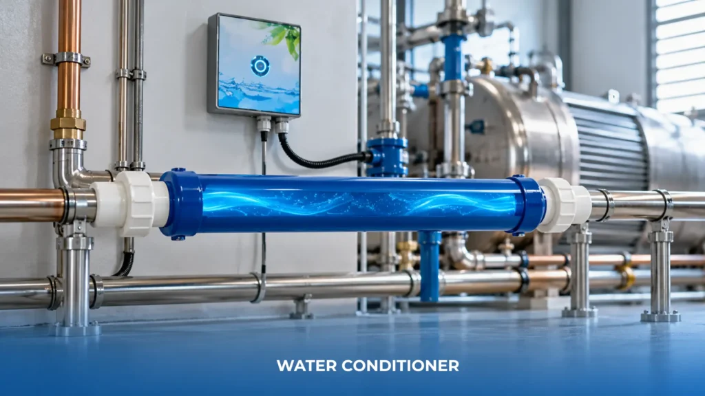 Inline water conditioner system fitted on a pipeline feeding a heat exchanger