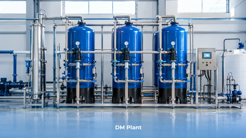 DM plant with cation, anion and mixed-bed vessels and a degasser tower in an industrial utility area