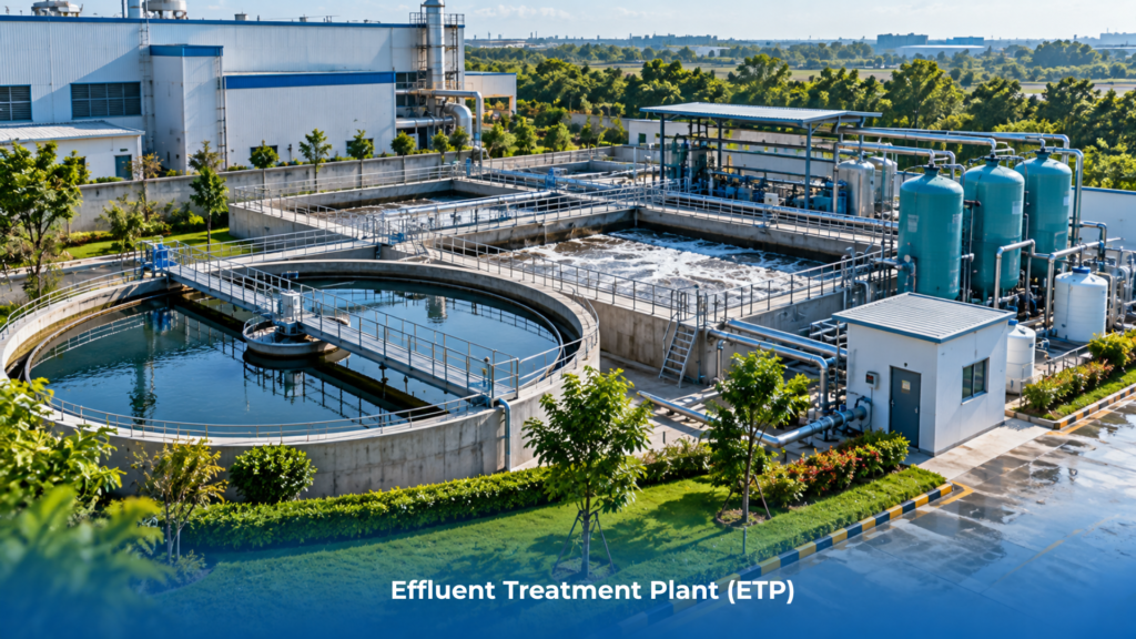 Effluent treatment plant with equalization tank, clarifier and filters at an Indian industrial unit