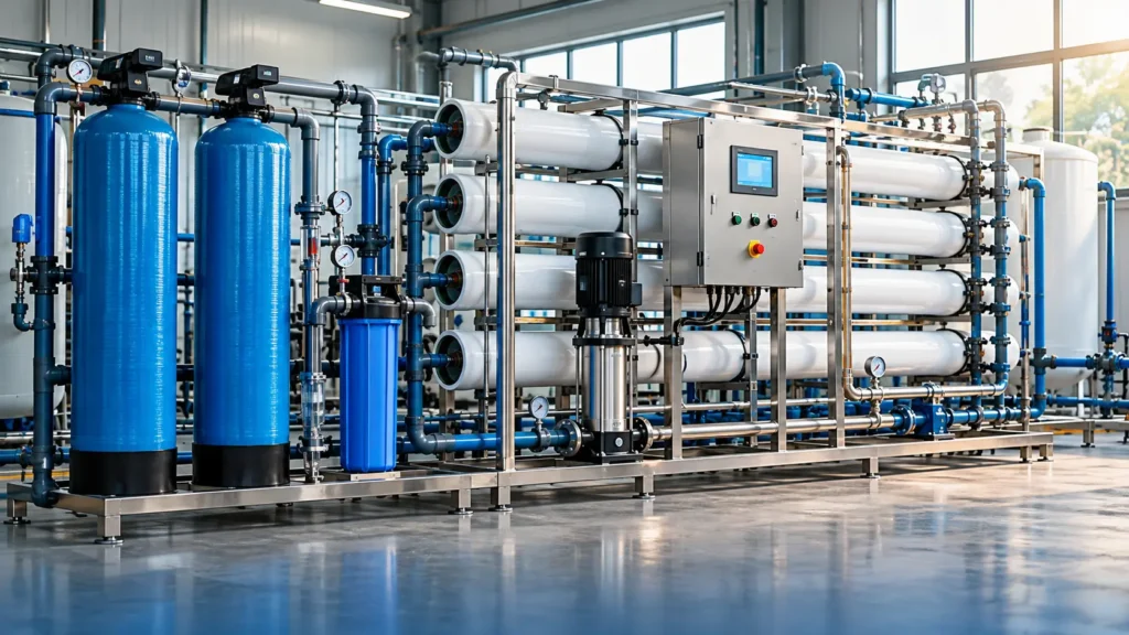 Industrial RO plant skid with pressure vessels and control panel in an Indian factory