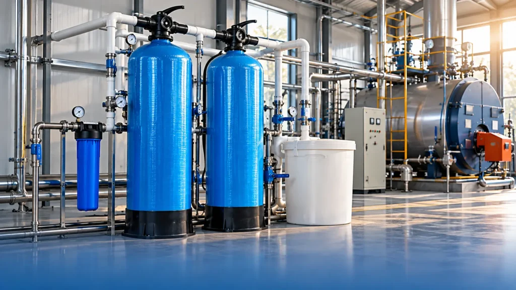 Industrial water softener plant with FRP resin vessels and brine tank in a boiler house