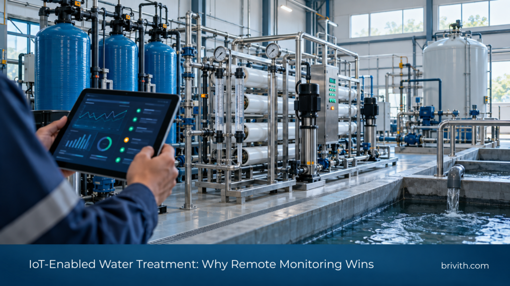 IoT-enabled water treatment plant with a remote monitoring dashboard showing live flow and pressure trends
