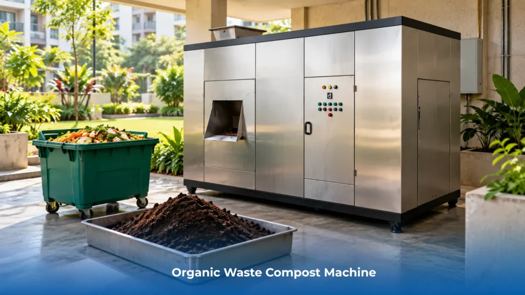 Organic waste compost machine with stainless steel drum processing kitchen waste at a housing society
