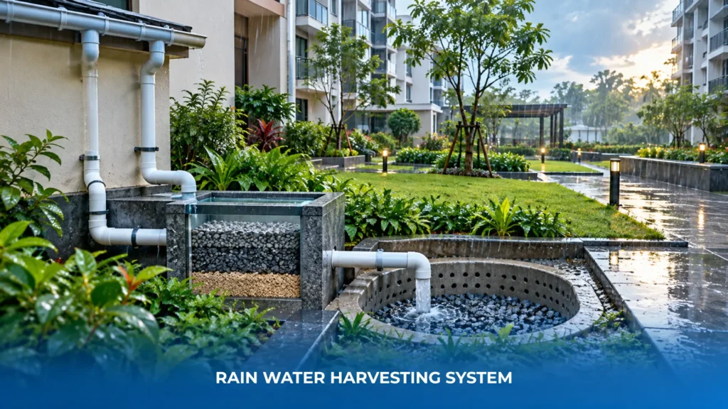 Rain water harvesting system with rooftop downpipes, filter chamber and recharge pit at an Indian building