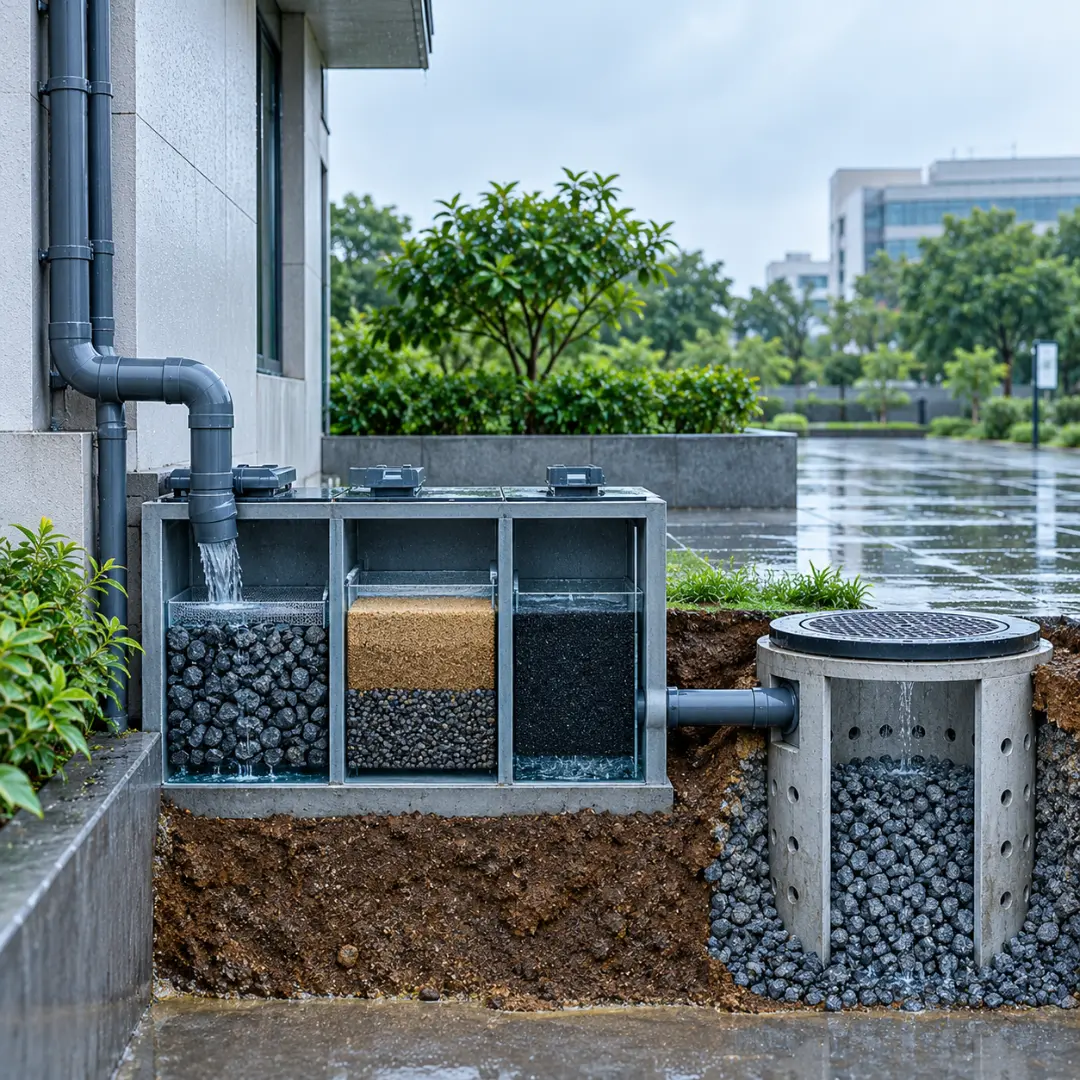 Brivith rainwater harvesting filter chamber and borewell recharge pit