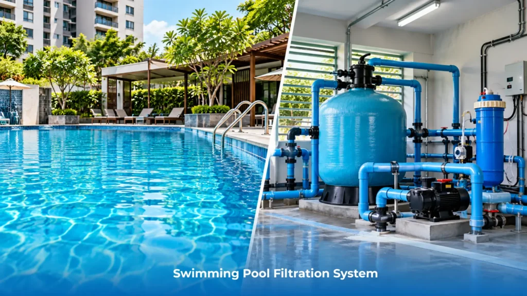 Swimming pool filtration system with sand filter, pump and dosing unit in a plant room